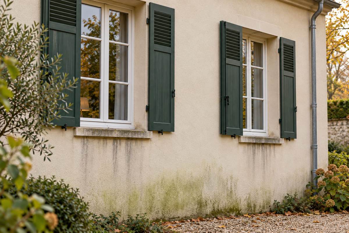 Traces vertes et coulures sur une façade enduite