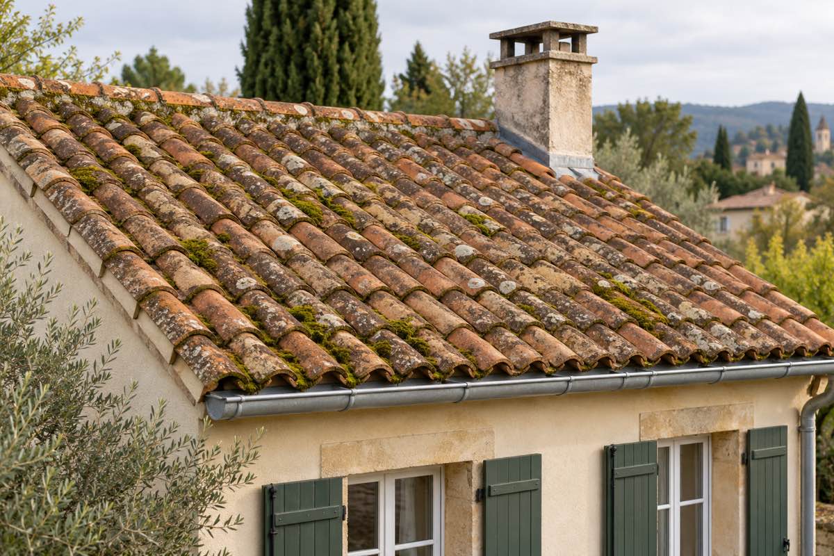 Mousses et lichens sur une couverture en tuiles