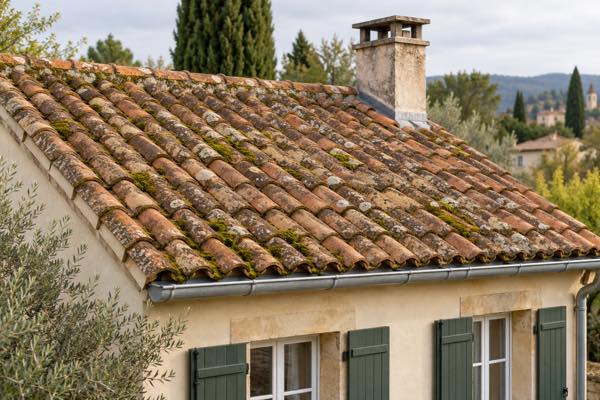 Toiture en tuiles avec des mousses
