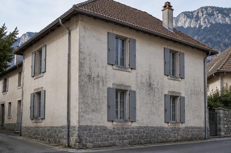 Illustration : Maison enduite à soubassement de pierre et débords de toit
