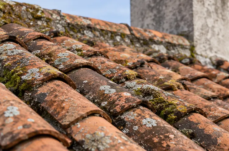 Illustration : Toiture en tuiles de terre cuite et lichens