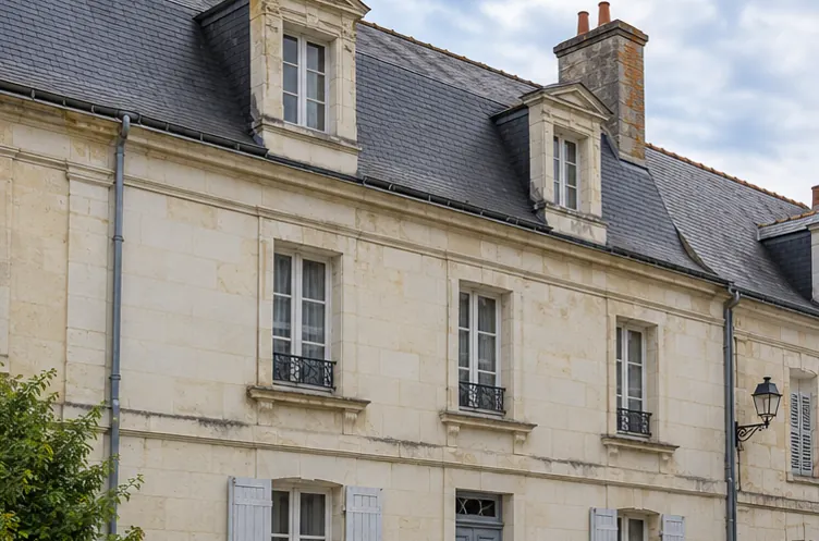 Illustration : Maison en pierre calcaire claire avec couverture en ardoise