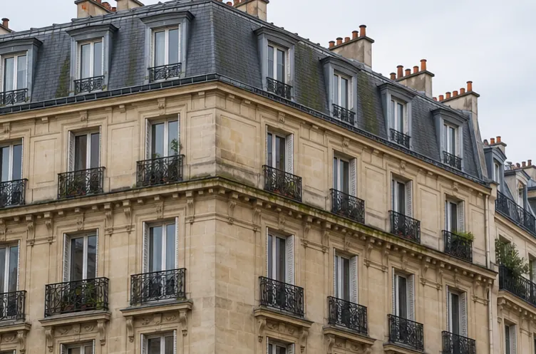 Illustration : Immeuble en pierre claire avec toiture à la Mansart