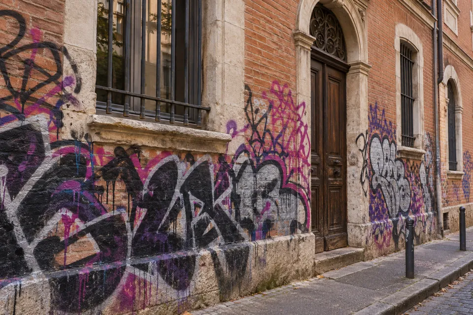 Illustration du bâti régional — Occitanie — avec graffiti